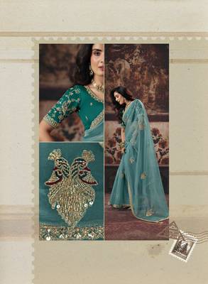 blue color heavy work rich wedding reception organza fabric saree 2
