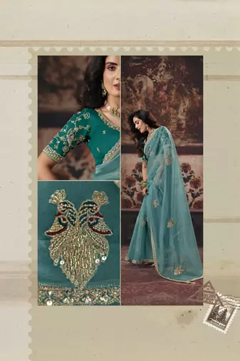blue color heavy work rich wedding reception organza fabric saree