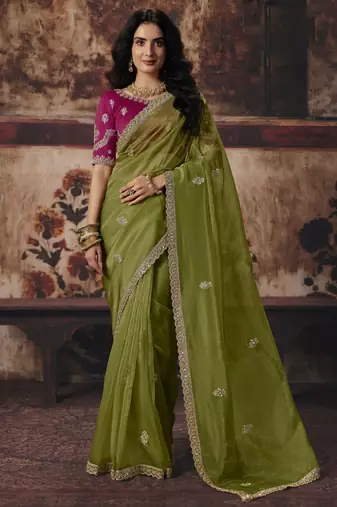 mahendi color heavy work rich wedding reception organza fabric saree
