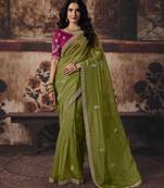 mahendi color heavy work rich wedding reception organza fabric saree