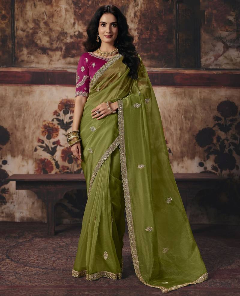 mahendi color heavy work rich wedding reception organza fabric saree
