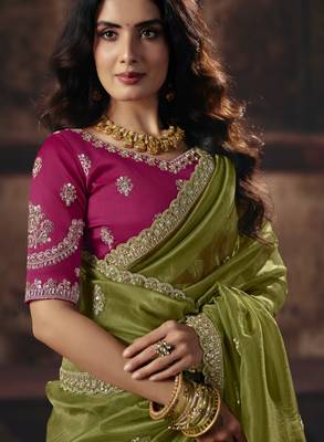 mahendi color heavy work rich wedding reception organza fabric saree 2