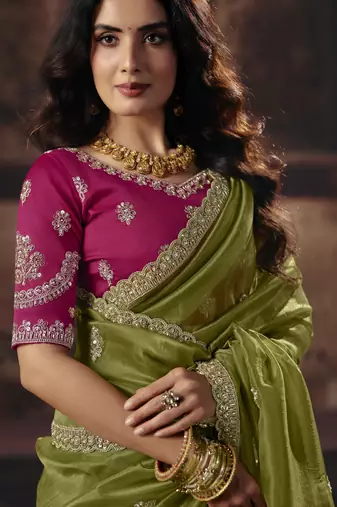 mahendi color heavy work rich wedding reception organza fabric saree
