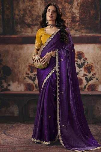 purple color heavy work rich wedding reception fendy satin fabric saree