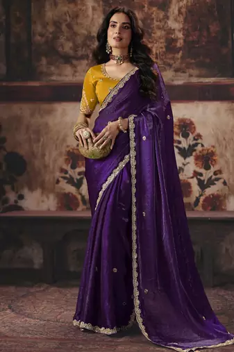 purple color heavy work rich wedding reception fendy satin fabric saree