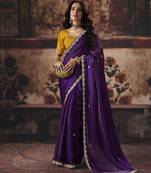 purple color heavy work rich wedding reception fendy satin fabric saree