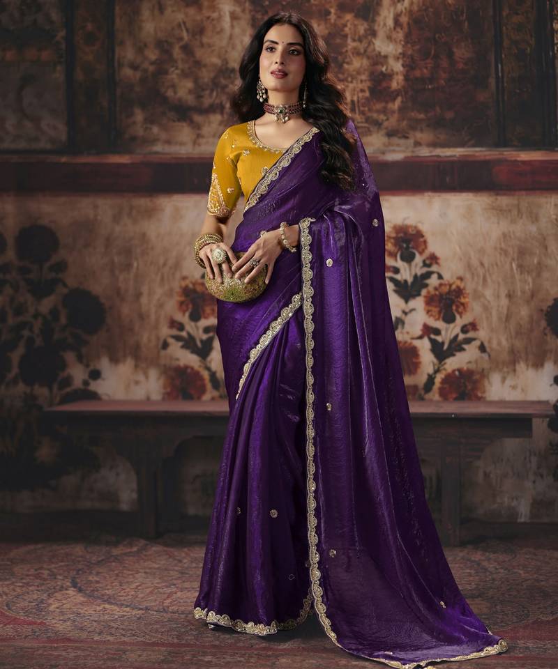 purple color heavy work rich wedding reception fendy satin fabric saree