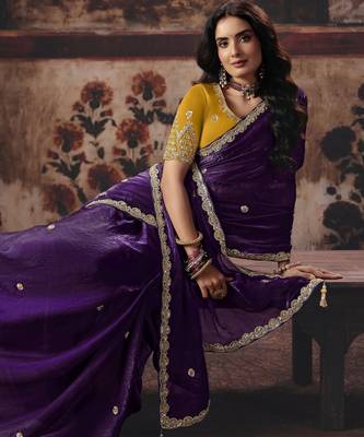 purple color heavy work rich wedding reception fendy satin fabric saree 2