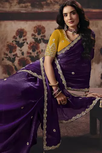 purple color heavy work rich wedding reception fendy satin fabric saree
