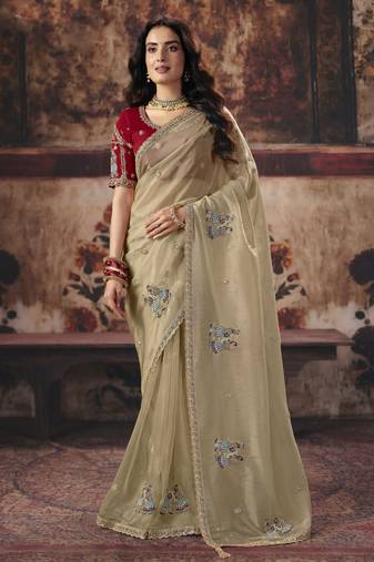 beige color heavy work rich wedding reception organza fabric saree
