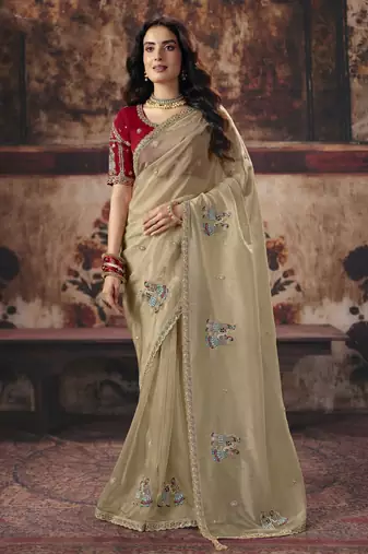 beige color heavy work rich wedding reception organza fabric saree