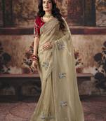 beige color heavy work rich wedding reception organza fabric saree