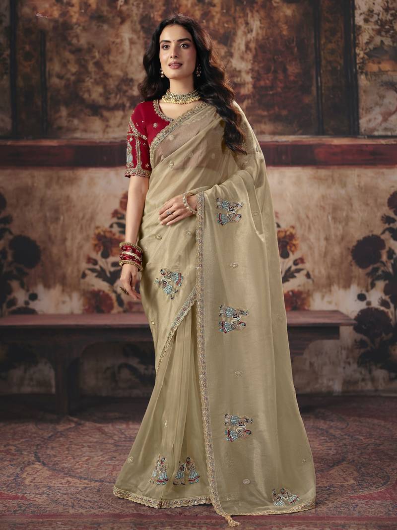 beige color heavy work rich wedding reception organza fabric saree