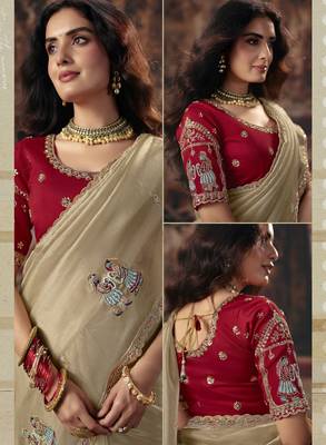 beige color heavy work rich wedding reception organza fabric saree 2