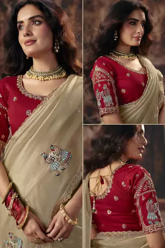 beige color heavy work rich wedding reception organza fabric saree