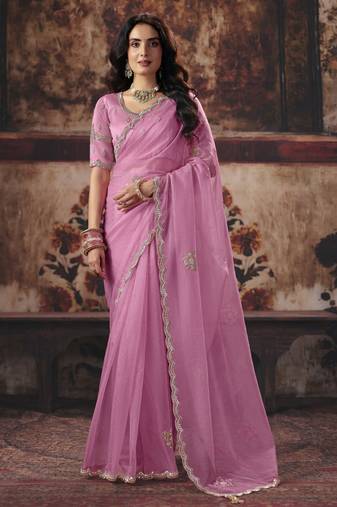 pink color heavy work rich wedding reception organza fabric saree