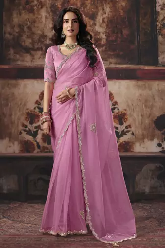 pink color heavy work rich wedding reception organza fabric saree