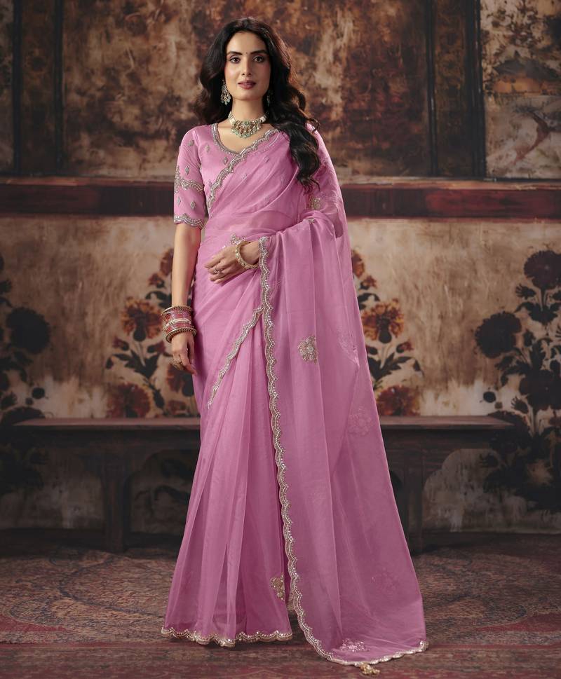 pink color heavy work rich wedding reception organza fabric saree
