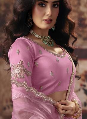 pink color heavy work rich wedding reception organza fabric saree 2