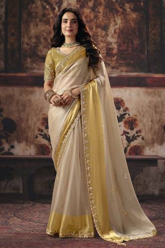 beige color heavy work rich wedding reception satin patta fabric saree