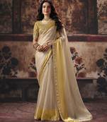 beige color heavy work rich wedding reception satin patta fabric saree