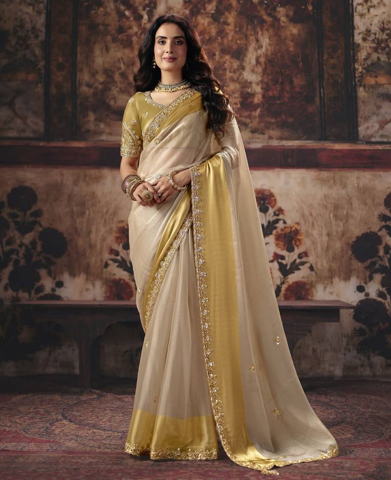 beige color heavy work rich wedding reception satin patta fabric saree