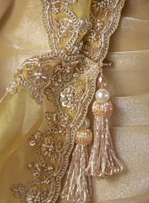 beige color heavy work rich wedding reception satin patta fabric saree 2