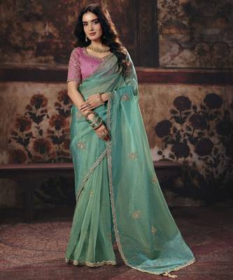 sea green color heavy work rich wedding reception organza fabric saree 1