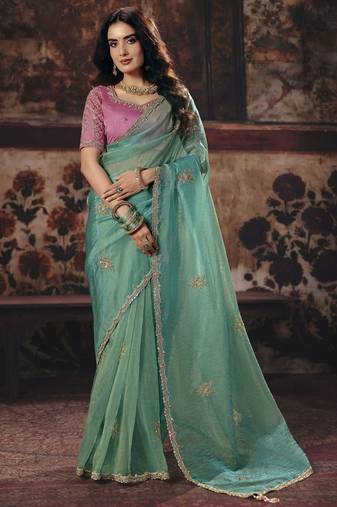 sea green color heavy work rich wedding reception organza fabric saree