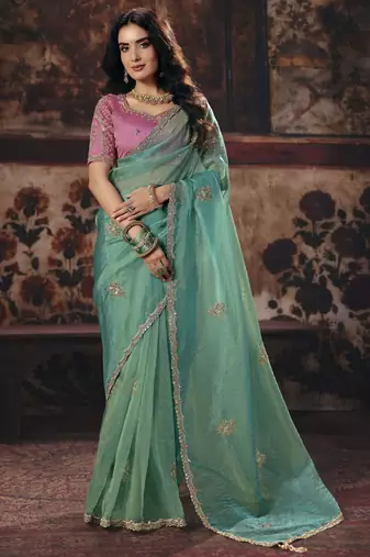 sea green color heavy work rich wedding reception organza fabric saree