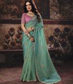 sea green color heavy work rich wedding reception organza fabric saree