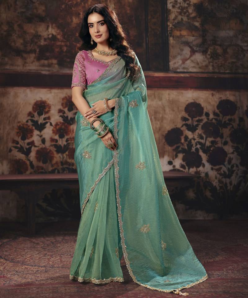 sea green color heavy work rich wedding reception organza fabric saree
