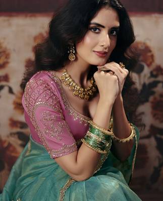 sea green color heavy work rich wedding reception organza fabric saree 2