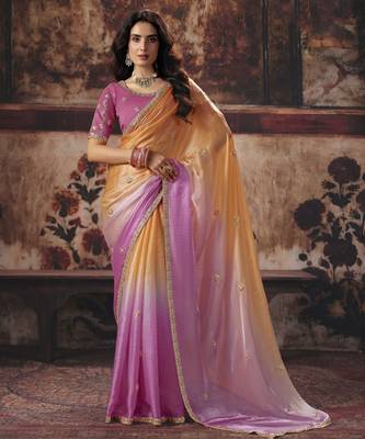 pink color heavy work rich wedding reception fendy satin fabric saree 1