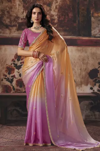 pink color heavy work rich wedding reception fendy satin fabric saree