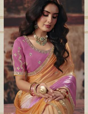 pink color heavy work rich wedding reception fendy satin fabric saree 2