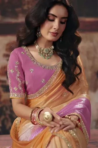 pink color heavy work rich wedding reception fendy satin fabric saree