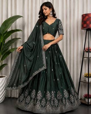 Dark Green Sequins and Thread Embroidery Work Silk Blend Lahenga Choli Set 1