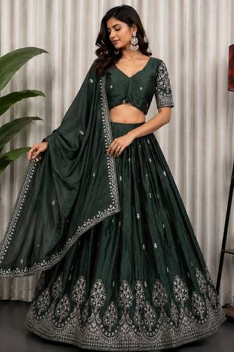 Dark Green Sequins and Thread Embroidery Work Silk Blend Lahenga Choli Set
