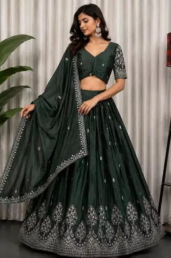 Dark Green Sequins and Thread Embroidery Work Silk Blend Lahenga Choli Set