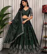 Dark Green Sequins and Thread Embroidery Work Silk Blend Lahenga Choli Set