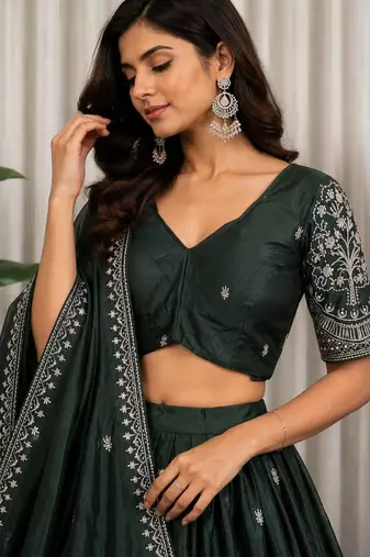 Dark Green Sequins and Thread Embroidery Work Silk Blend Lahenga Choli Set