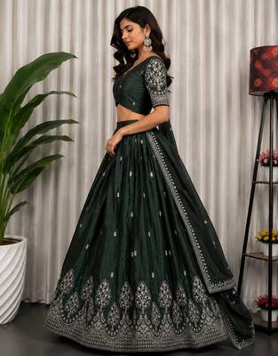 Dark Green Sequins and Thread Embroidery Work Silk Blend Lahenga Choli Set 3