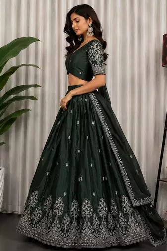 Dark Green Sequins and Thread Embroidery Work Silk Blend Lahenga Choli Set