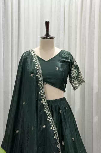 Dark Green Sequins and Thread Embroidery Work Silk Blend Lahenga Choli Set
