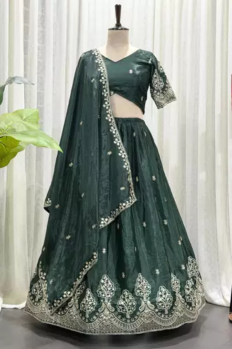 Dark Green Sequins and Thread Embroidery Work Silk Blend Lahenga Choli Set
