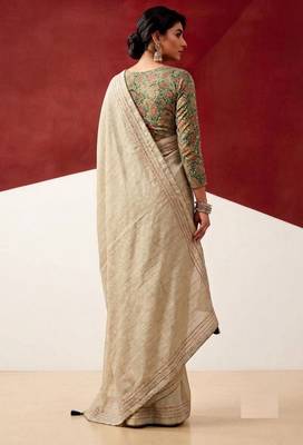 beige color beautiful woven designer tissue fabric saree 2