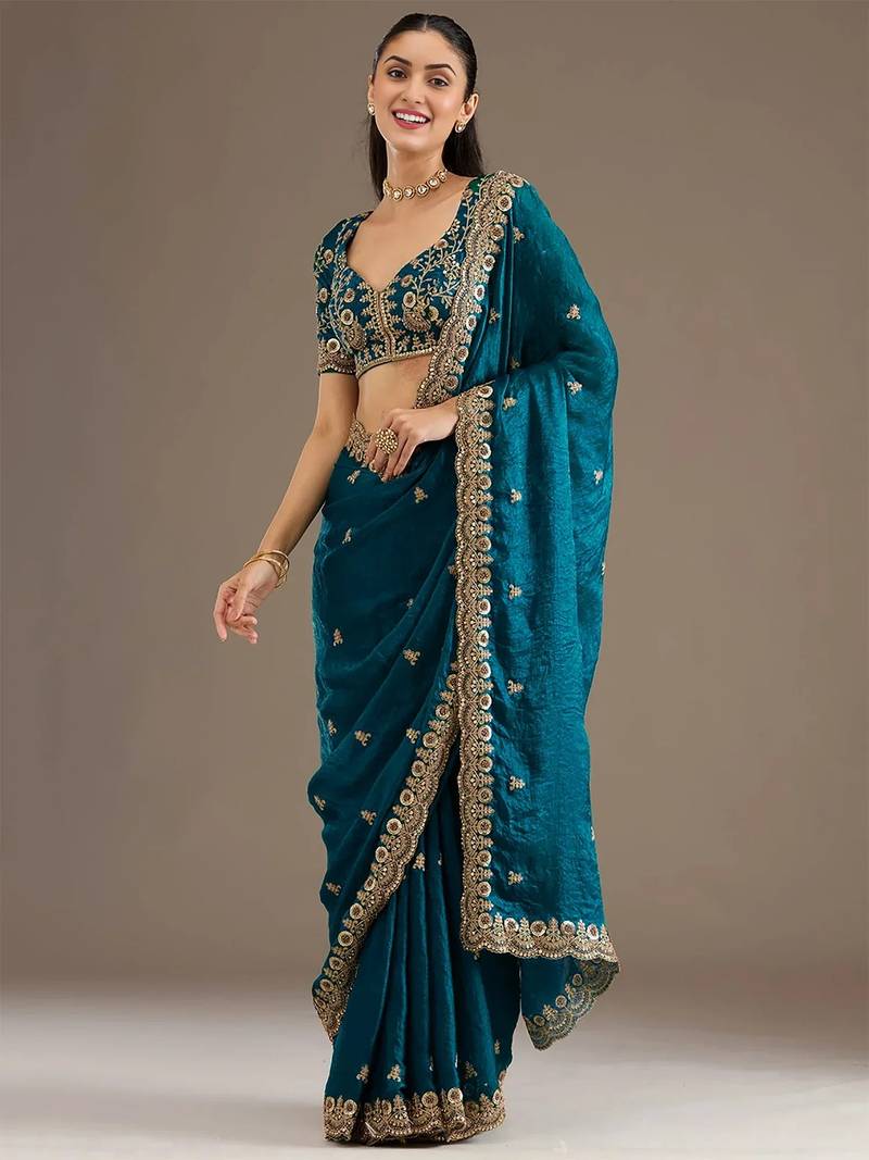 Enchanting blue tissue silk zari and sequins embroidered indian latest design party wear saree
