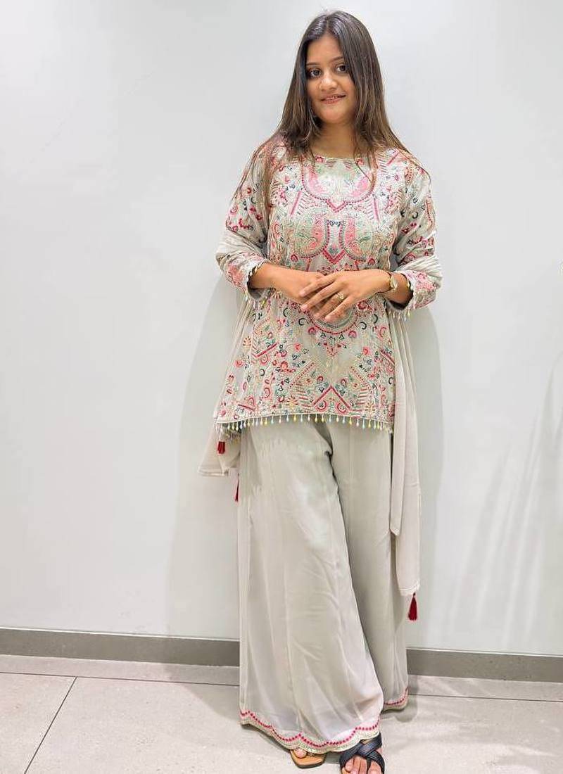 grey color embroidered and sequence wrok georgette salwar suit