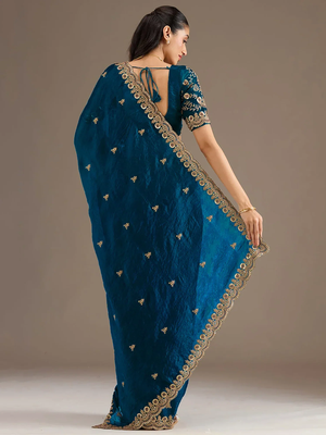 Enchanting blue tissue silk zari and sequins embroidered indian latest design party wear saree 5